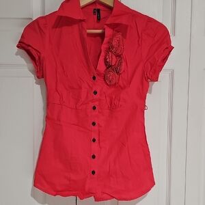 Maurices Red Button-Down Blouse with Floral Detail Size XS